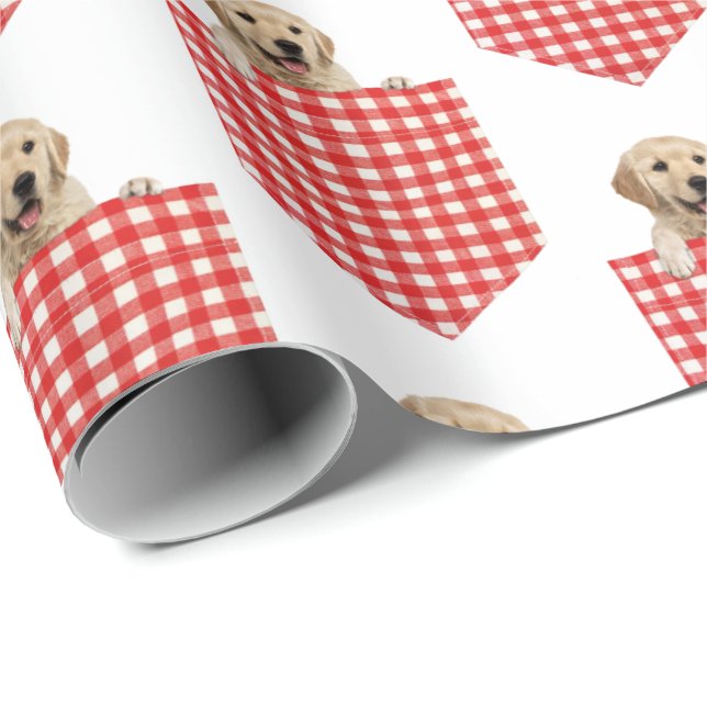Golden Retrievers In Gingham Pocket Wrapping Paper (Roll Corner)