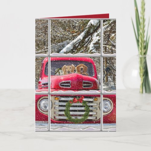 Golden Retrievers in retro truck snowy window Holiday Card