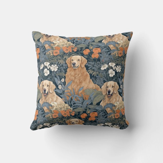 Golden Retrievers in the Style of William Morris Throw Pillow (Back)
