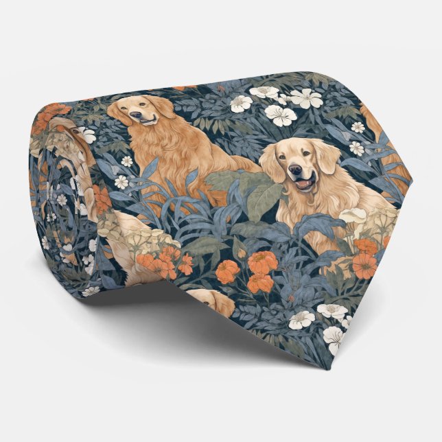 Golden Retrievers in William Morris Style Garden Neck Tie (Rolled)