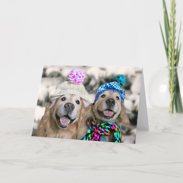 Golden Retrievers in Winter Hats Holiday Christmas Card (Front)