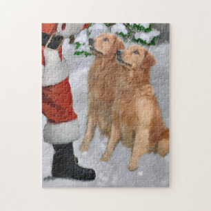 Golden Retrievers Meet Santa Christmas Card Jigsaw Puzzle