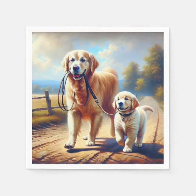 Golden Retrievers Out For A Walk Napkins (Front)