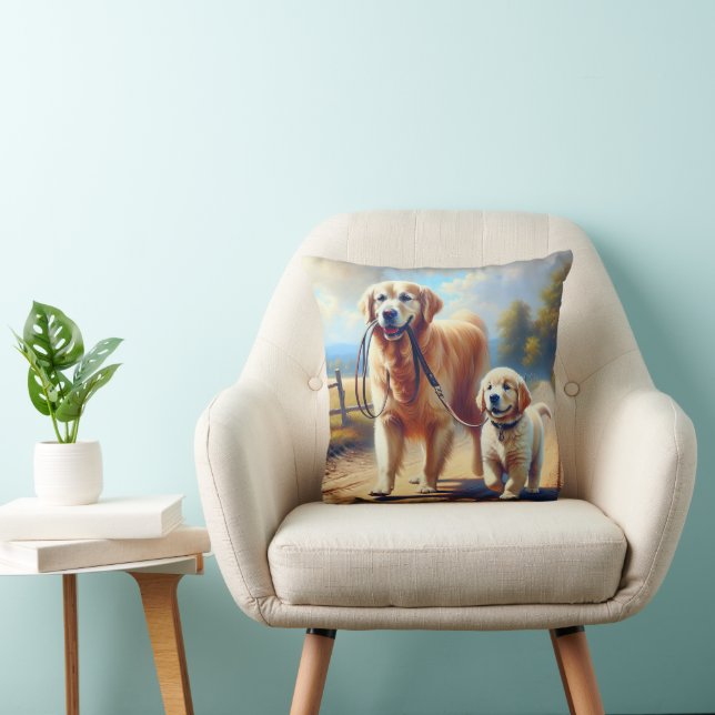 Golden Retrievers Out For A Walk Throw Pillow (Chair)