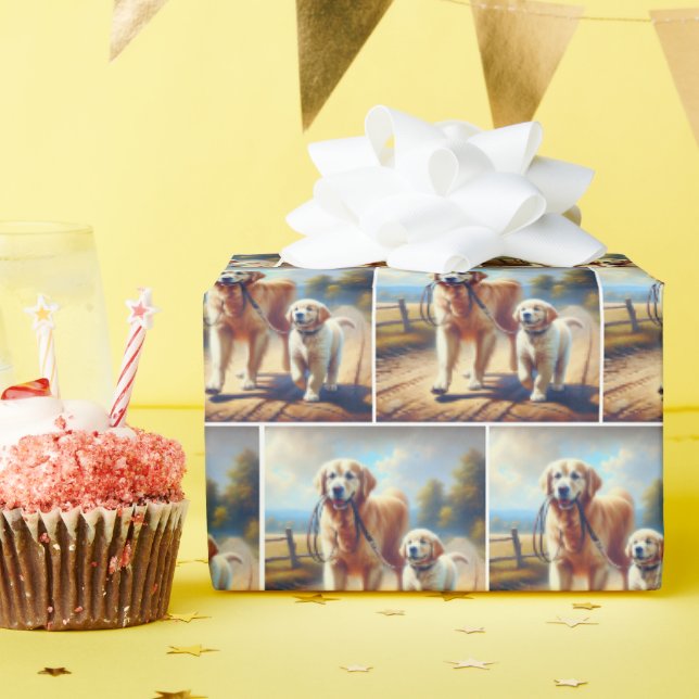 Golden Retrievers Out For a Walk Wrapping Paper (Birthday Party)