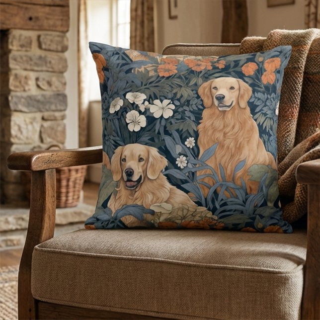Golden Retrievers Victorian Floral Garden Throw Pillow (Shown at approx 20 inch size)