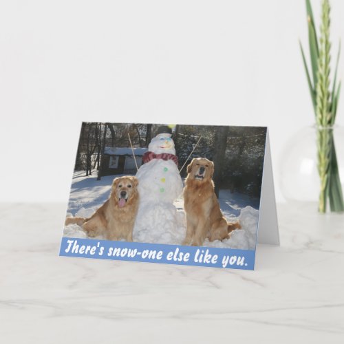 Golden Retrievers with Snowman Friendship Holiday Card