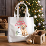 GOLDEN RETRIVER SANTA HAT MERRY CHRISTMAS TOTE BAG<br><div class="desc">We've got the perfect way to bring furry baby things around for those who love dogs and Labrador and Golden retrievers ! Our furry-inspired Christmas bag feature a watercolor image of golden retriever in Santa hat with snowman and pine tree and snow. It's the perfect way to share your pet-loving...</div>