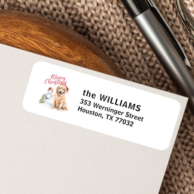 GOLDEN RETRIVER SANTA HAT SNOWMAN CUSTOM LABEL (MERRY CHRISTMAS WATERCOLOR GOLDEN RETRIEVER FOR HOLIDAY CORRESPONDANCE DOG THEME)