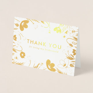 Golden Retro Poppies Bridesmaid Thank You Foil Card