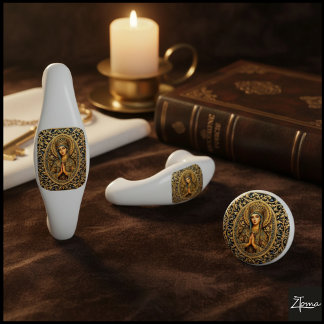 Golden Reverence Virgin Mary Ceramic Knob