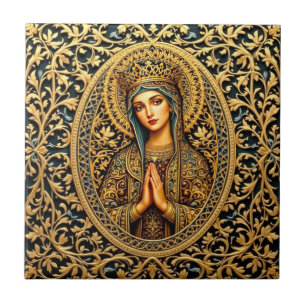 Golden Reverence Virgin Mary Ceramic Tile