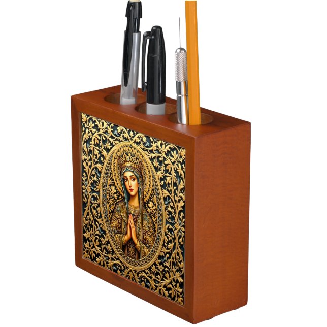 Golden Reverence Virgin Mary Desk Organizer (In Situ)