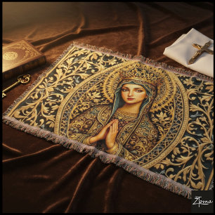 Golden Reverence Virgin Mary Throw Blanket