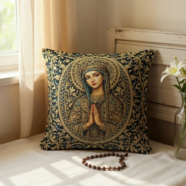 Golden Reverence Virgin Mary Throw Pillow (Creator Uploaded)