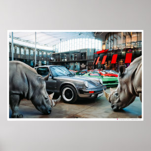 Golden Rhino Chroma Rhinoceros and a car Poster