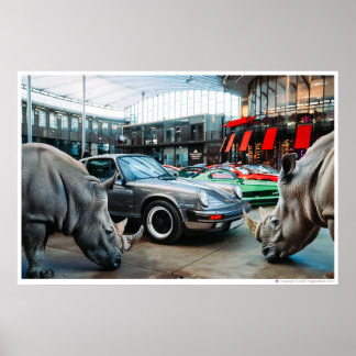 Golden Rhino Chroma | Rhinoceros and a car Poster