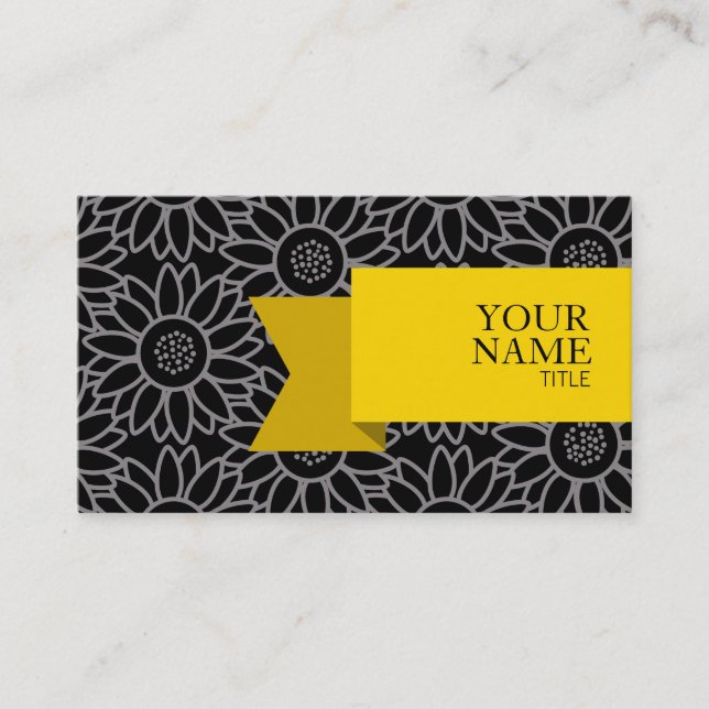 Golden Ribbon Black and Titanium Sunflower Business Card (Front)