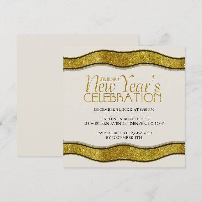 Golden Ribbon New Years Party Invitation (Front/Back)