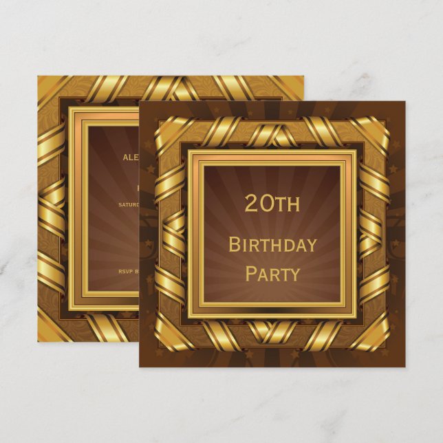 Golden Ribbon & Stars Framed Mans 20th Birthday Invitation (Front/Back)