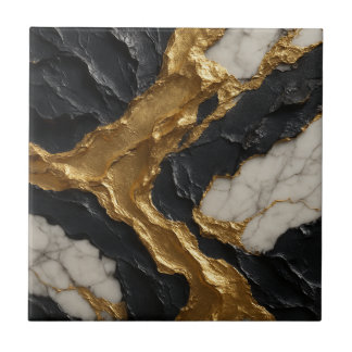 Golden Rift Elegance – Marble & Black Luxury Ceramic Tile
