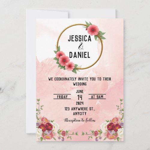 Golden Ring Pink Flower Frame Wedding Invitation