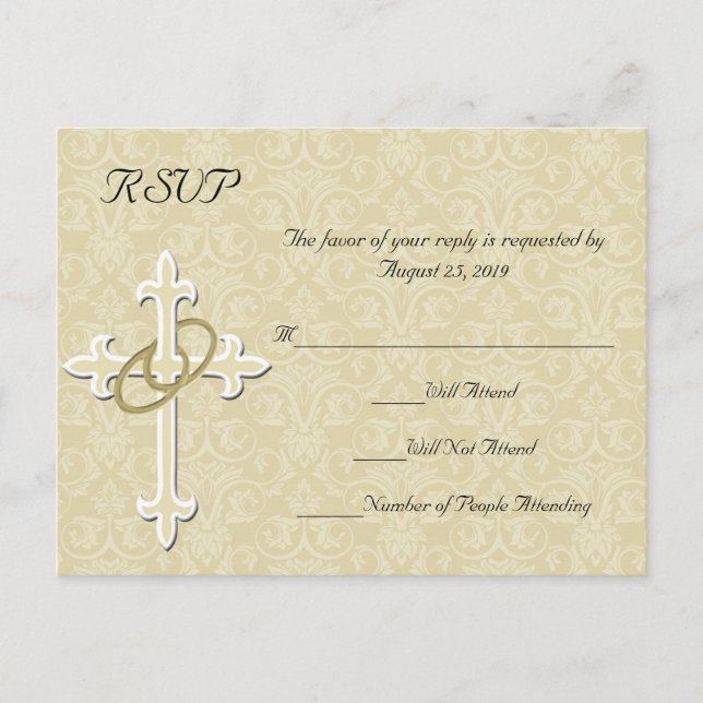 Golden Rings w/Cross, Christian RSVP Reply Invitation Postcard (Front)