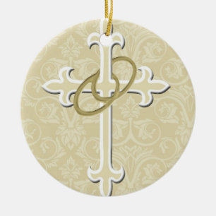 Golden Rings with Cross, Elegant Christian Love Ceramic Ornament