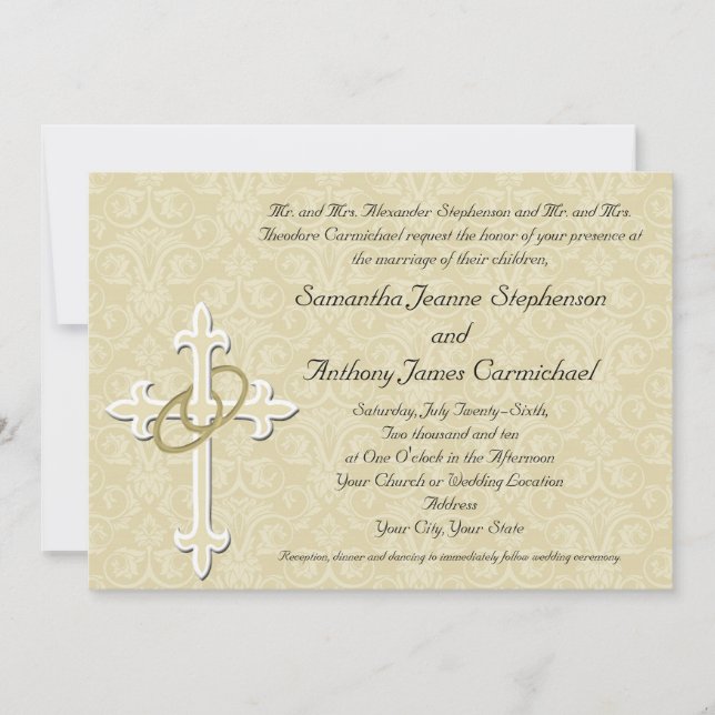 Golden Rings with Cross, Elegant Christian Love Invitation (Front)