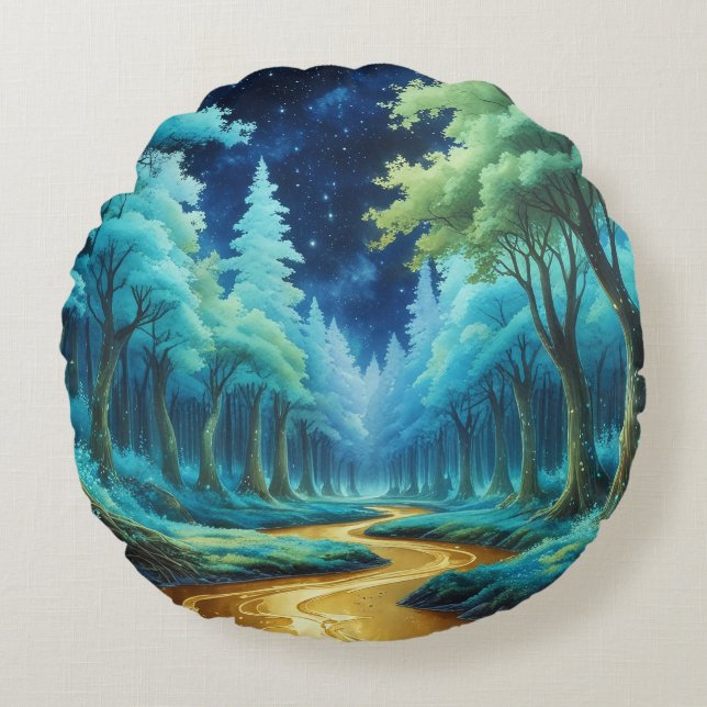 Golden River in Forest of Fantasy Round Pillow (Front)