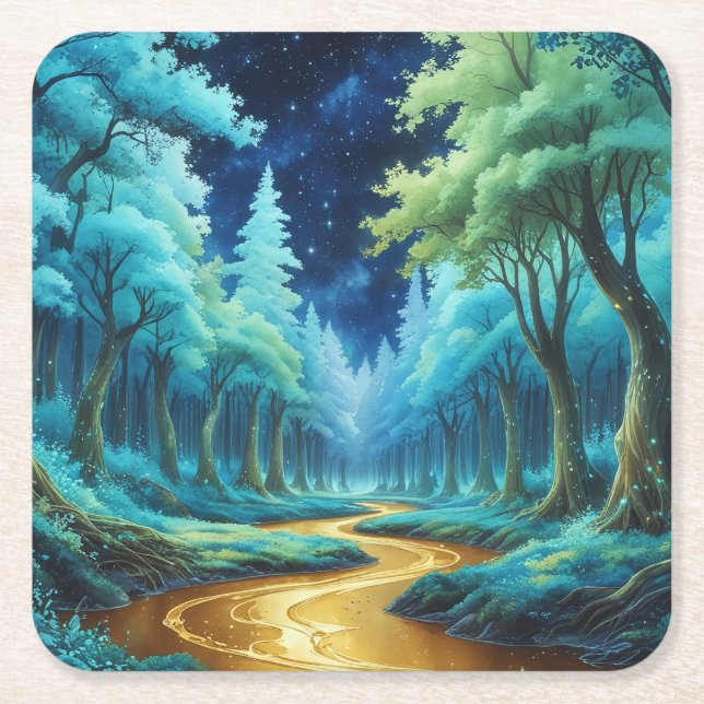 Golden River in Forest of Fantasy Square Paper Coaster (Front)