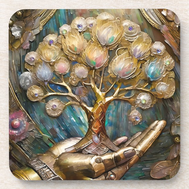 Golden Robot Hand Holding Gold Tree Of Life Beverage Coaster (Front)