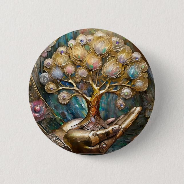 Golden Robot Hand Holding Gold Tree Of Life Button (Front)