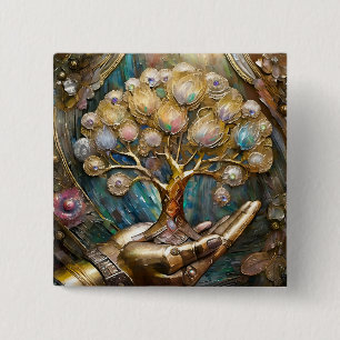 Golden Robot Hand Holding Gold Tree Of Life Button