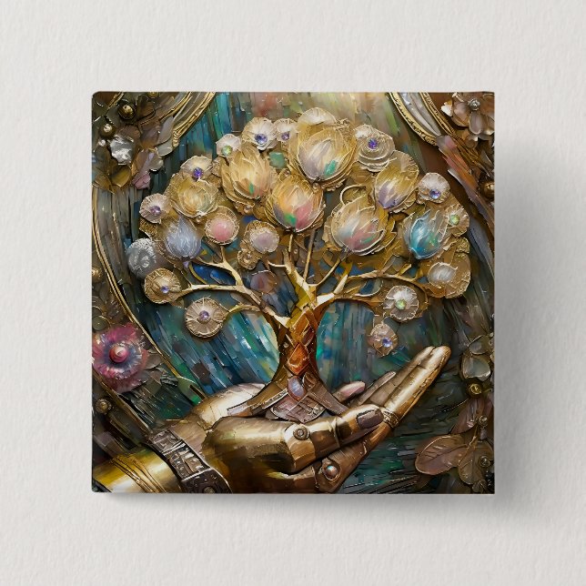 Golden Robot Hand Holding Gold Tree Of Life Button (Front)