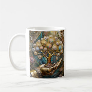 Golden Robot Hand Holding Gold Tree Of Life Coffee Mug