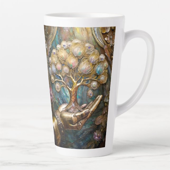Golden Robot Hand Holding Gold Tree Of Life Latte Mug (Right)