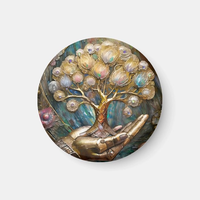 Golden Robot Hand Holding Gold Tree Of Life Magnet (Front)