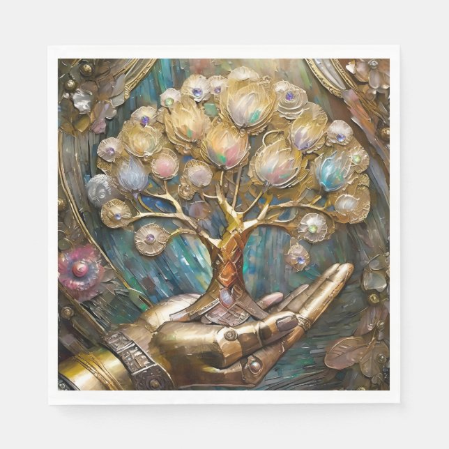 Golden Robot Hand Holding Gold Tree Of Life Napkins (Front)