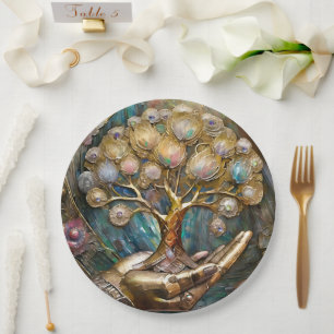 Golden Robot Hand Holding Gold Tree Of Life Paper Plates