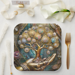 Golden Robot Hand Holding Gold Tree Of Life Paper Plates