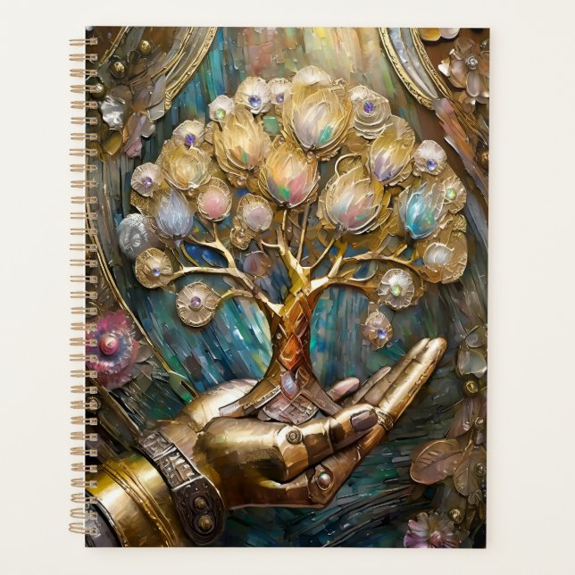 Golden Robot Hand Holding Gold Tree Of Life Planner (Front)