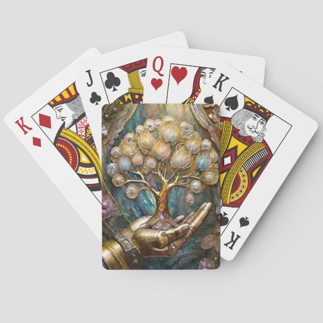 Golden Robot Hand Holding Gold Tree Of Life Poker Cards (Back)