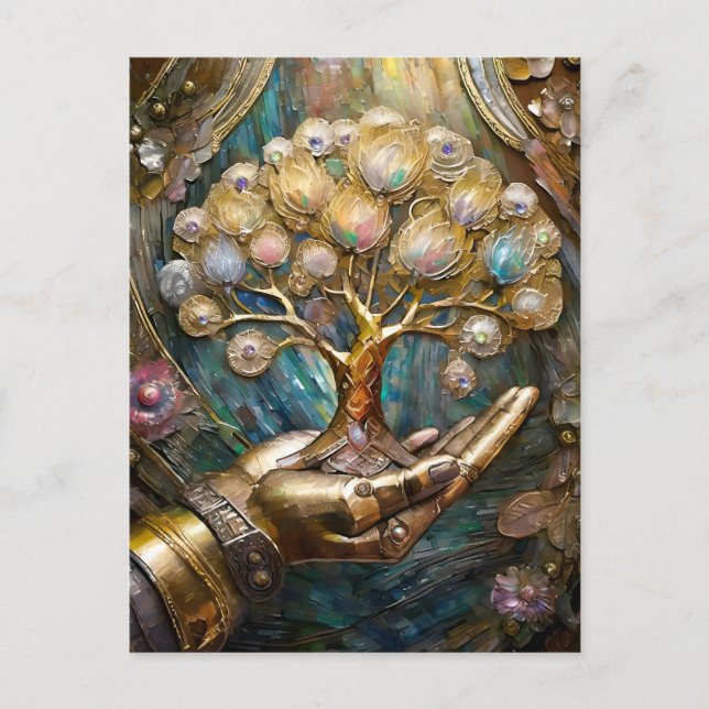 Golden Robot Hand Holding Gold Tree Of Life Postcard (Front)