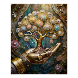 Golden Robot Hand Holding Gold Tree Of Life Poster