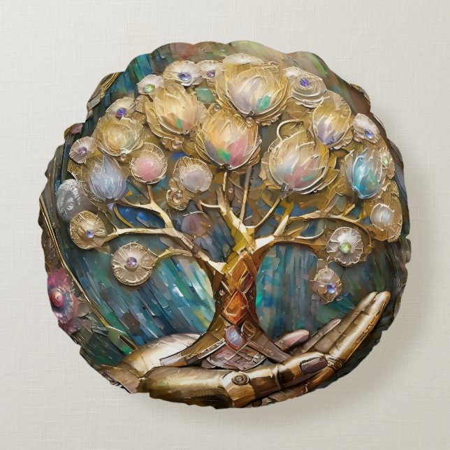 Golden Robot Hand Holding Gold Tree Of Life Round Pillow (Front)
