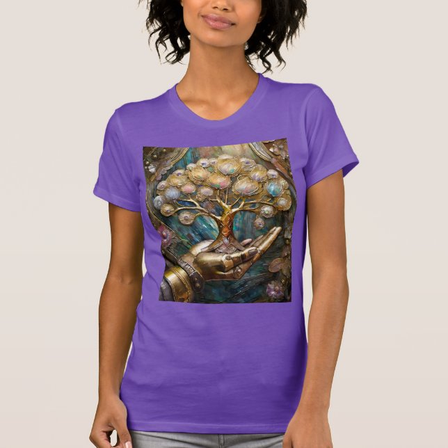 Golden Robot Hand Holding Gold Tree Of Life T-Shirt (Front)