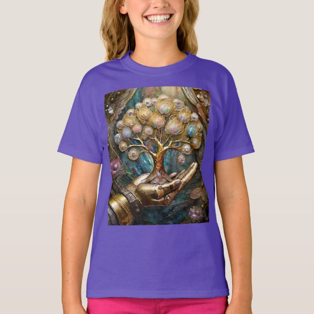 Golden Robot Hand Holding Gold Tree Of Life T-Shirt (Front)