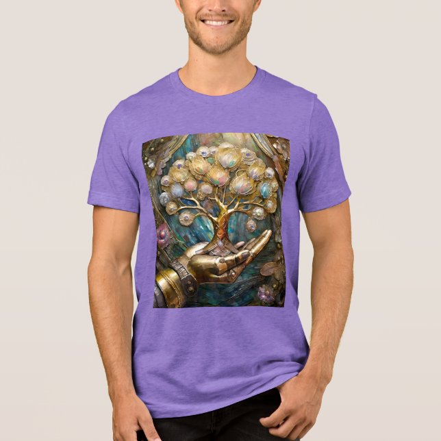 Golden Robot Hand Holding Gold Tree Of Life Tri-Blend Shirt (Front)