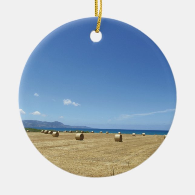 Golden Rolls of Hay and Deep Blue Sea Design Ceramic Ornament (Front)